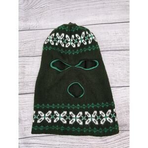 Vintage Ski Mask Hat Green White Creepy Winter Robber Knit Balaclava 70s